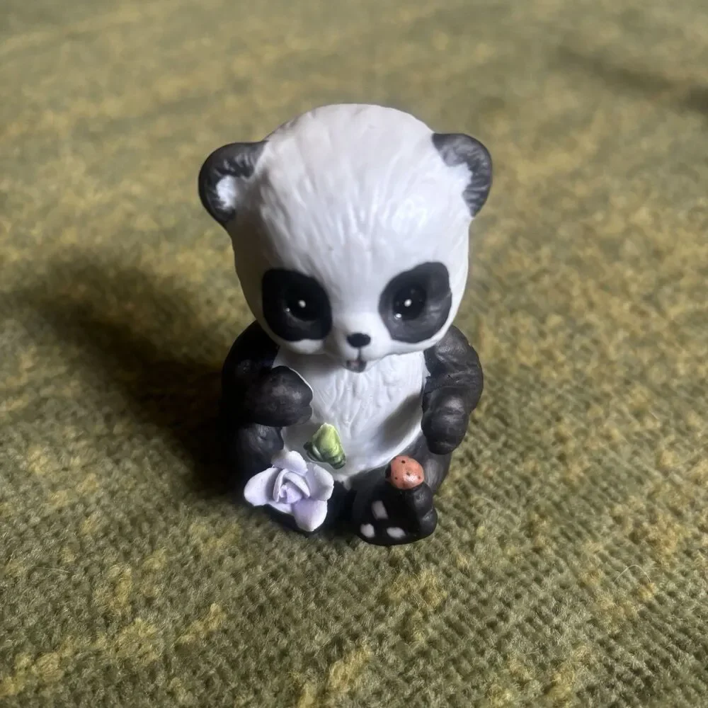 Vintage Ceramic Panda Bear Figurine Holding Flower & Ladybug Taiwan